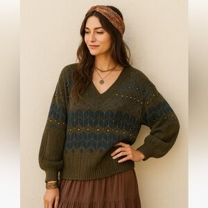 POL Fair Isle Sweater Embellished Studded Boho Winter Knit V-Neck Brown Multi L